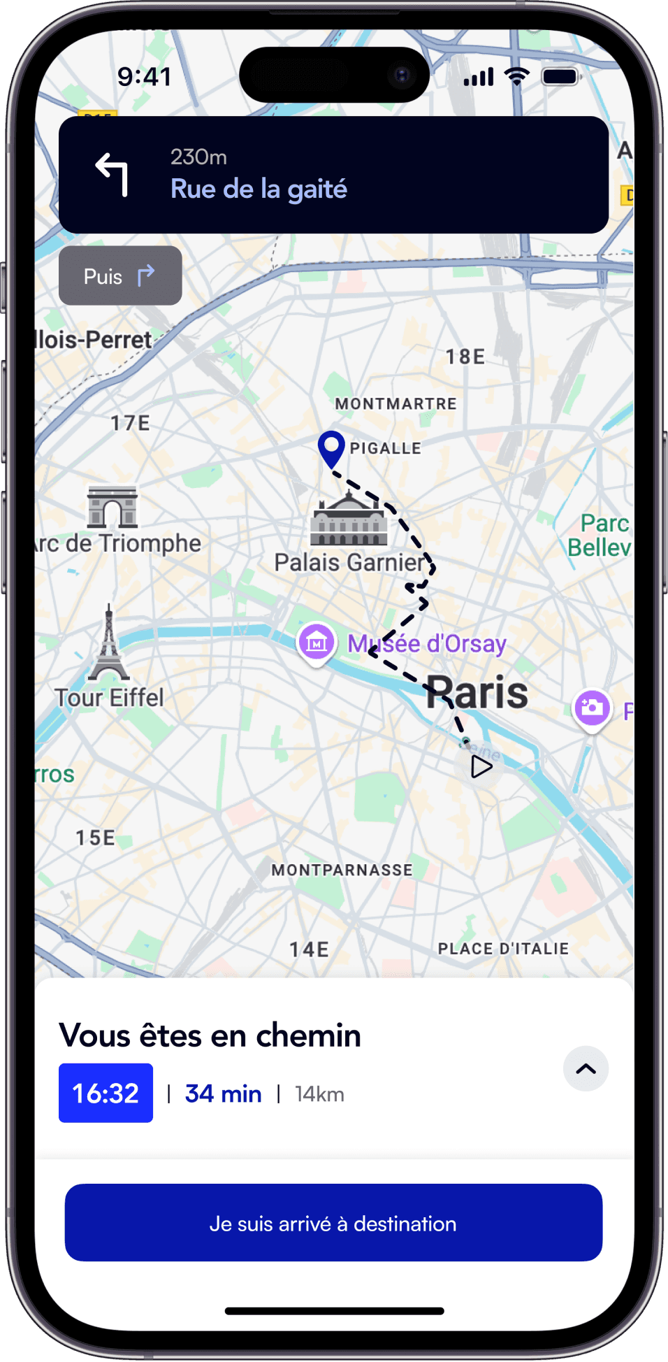 Application mobile de navigation GPS avec itinéraire dans Paris, illustration du design personnalisé DigiWebyn
